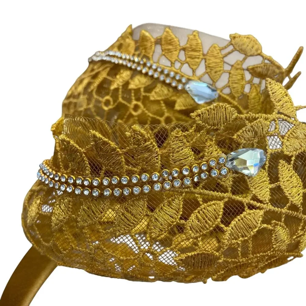 Y2K Gold Fascinator Headband – Rhinestone Leaf Appliqué w/ Satin Rose - Picture 8 of 8